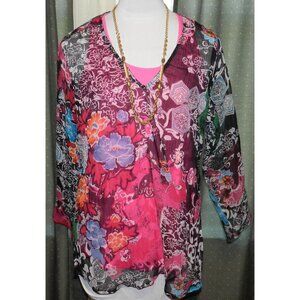 Diva Collection size 2X semi sheer poly artsy floral pull over top plus size